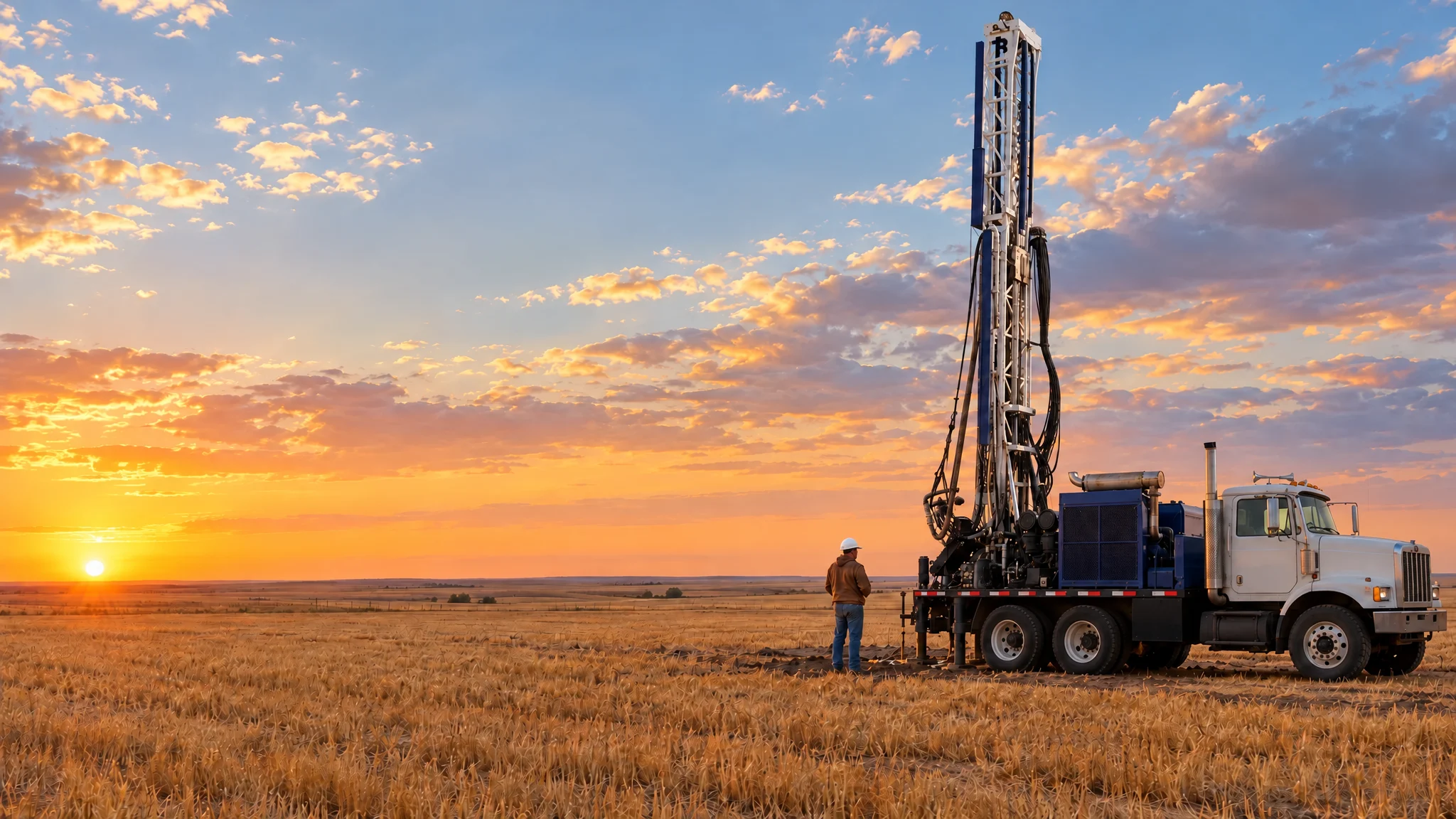 Driller in a white hard hat beside a water well drilling rig on open farmland at sunset