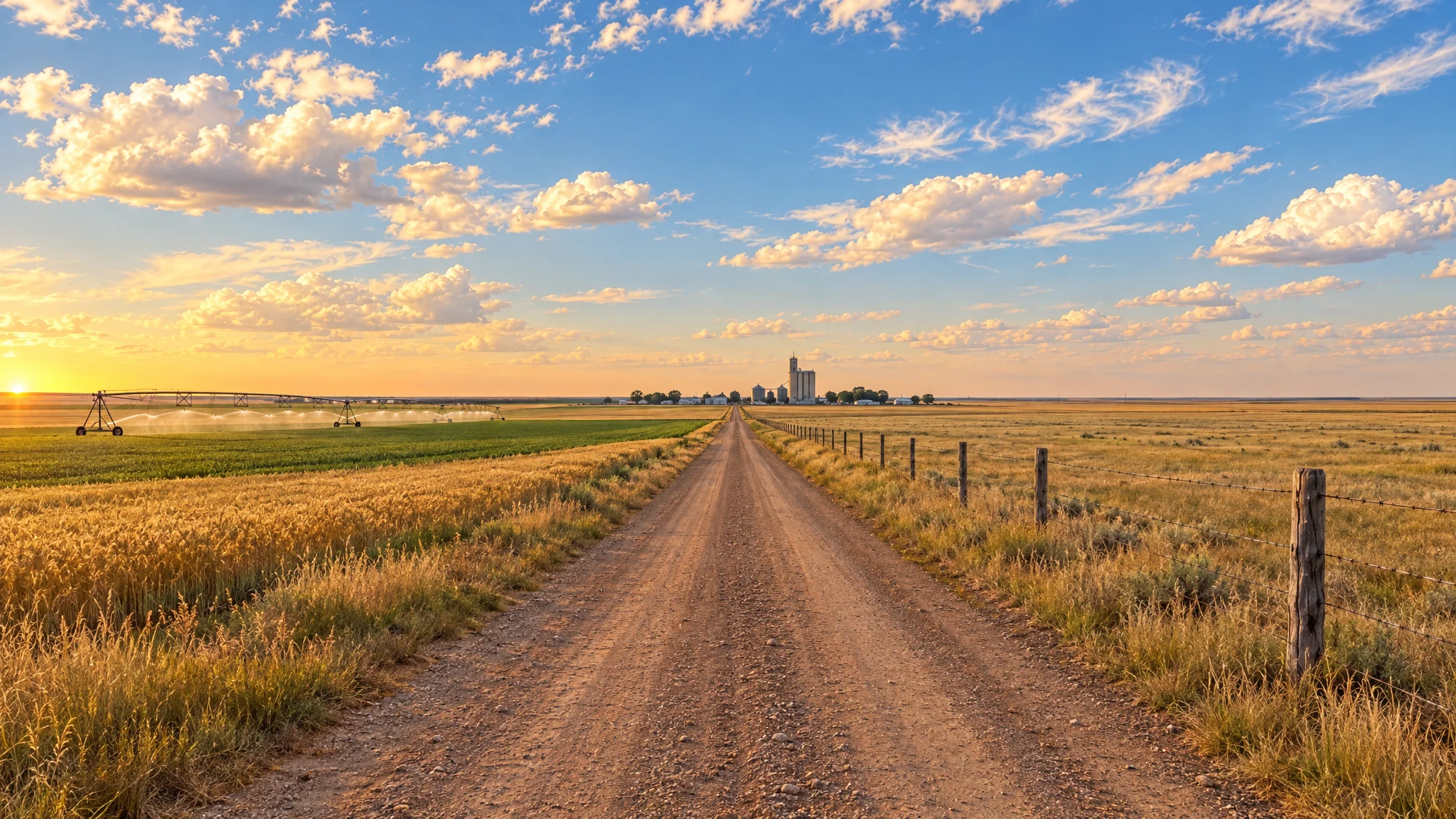 Straight county road through wheat and pasture toward a small farm town with a grain elevator