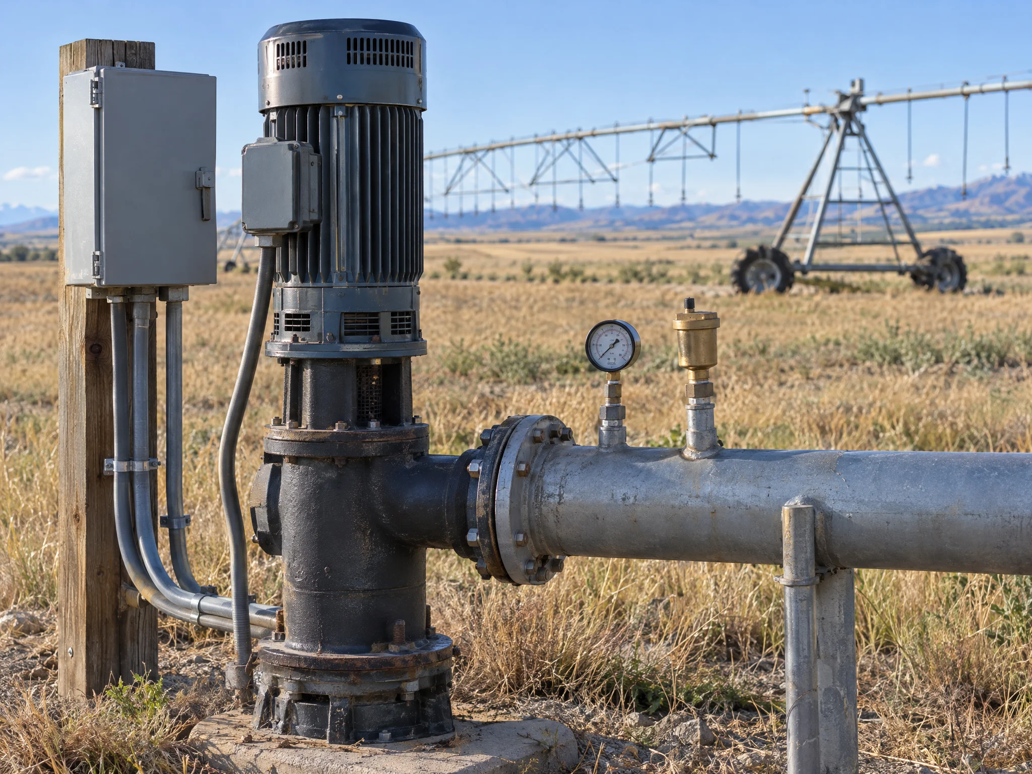 Irrigation pump motor, discharge pipe gauge and control panel beside a center pivot