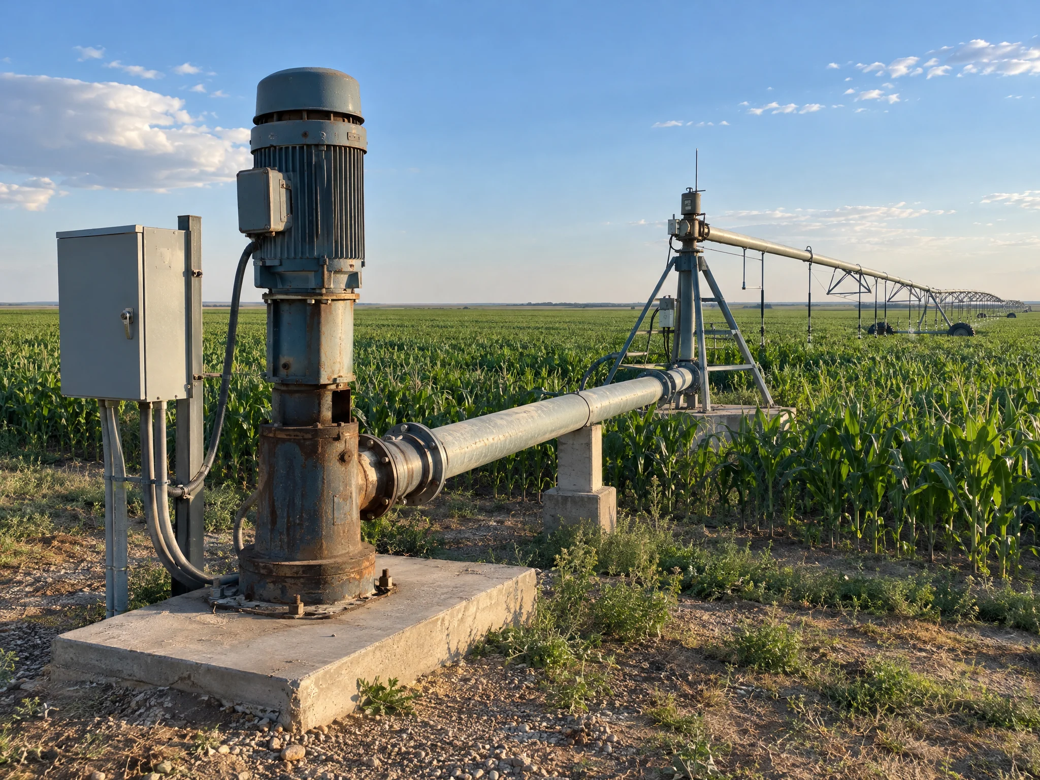 Irrigation well pump on a concrete pad feeding a center pivot over a corn field