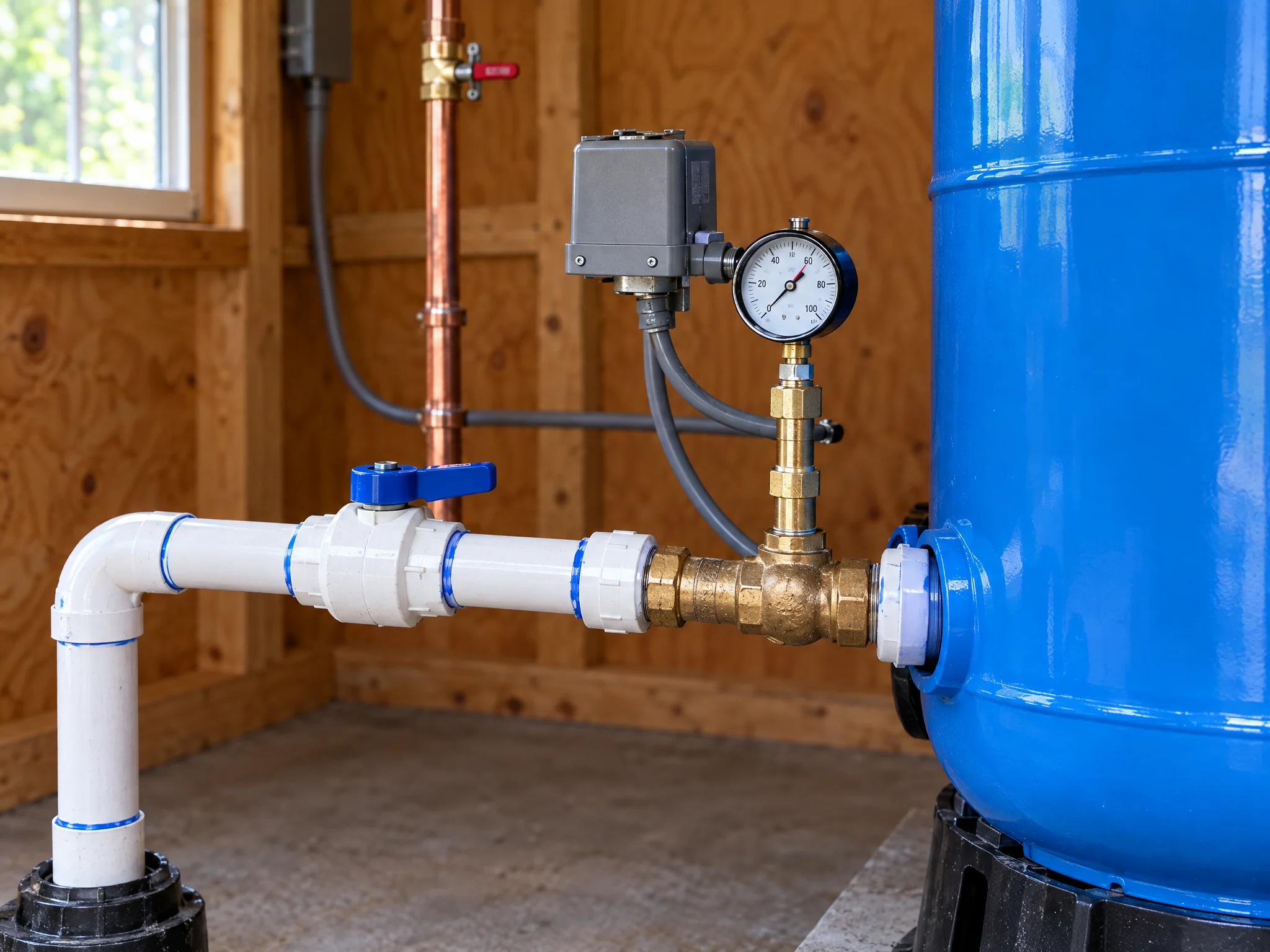 Pressure switch and gauge on a brass tank tee beside a blue well pressure tank in a well house