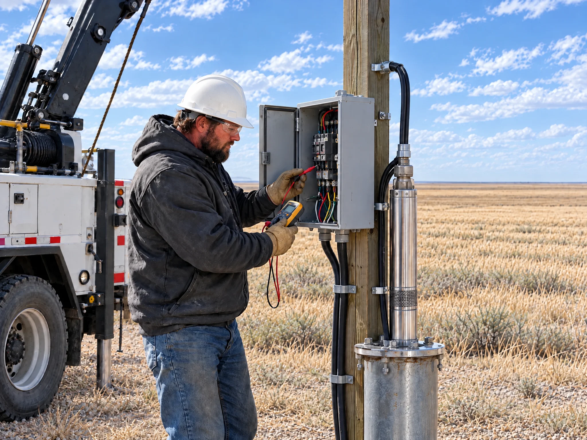 Technician in a hard hat and safety glasses testing the wiring in a pump control box beside a wellhead
