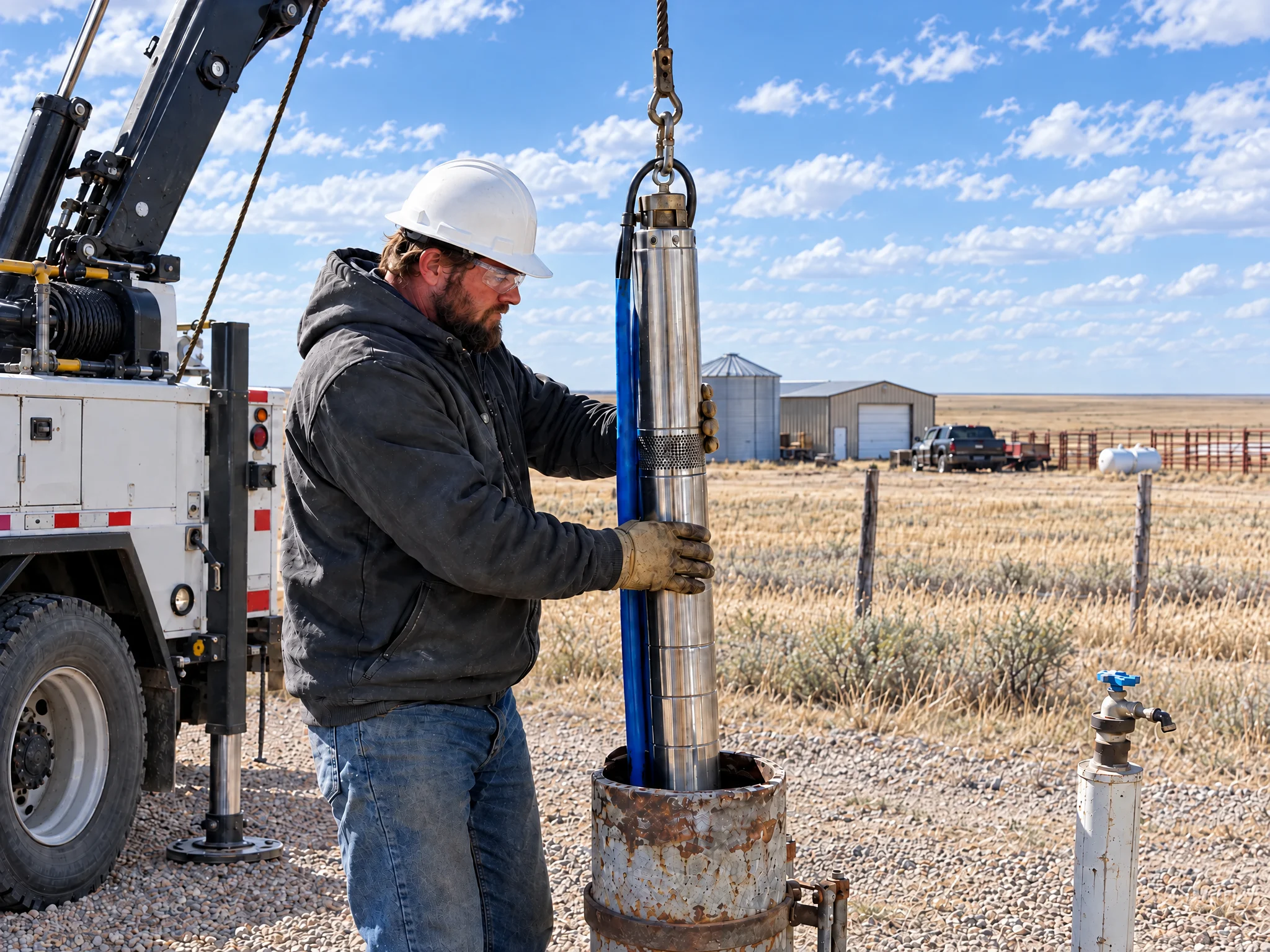 Technician in a hard hat and safety glasses steadying a submersible pump as a hoist truck lifts it from the well casing