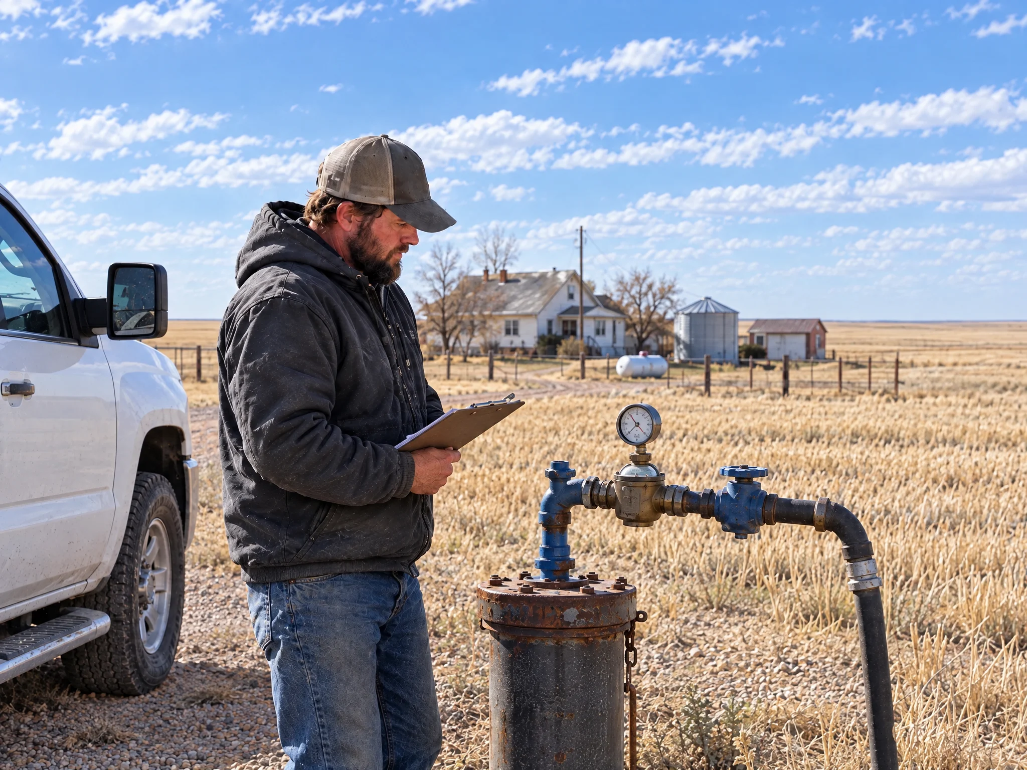 Technician with a clipboard reading a pressure gauge on a wellhead outside a plains farmhouse