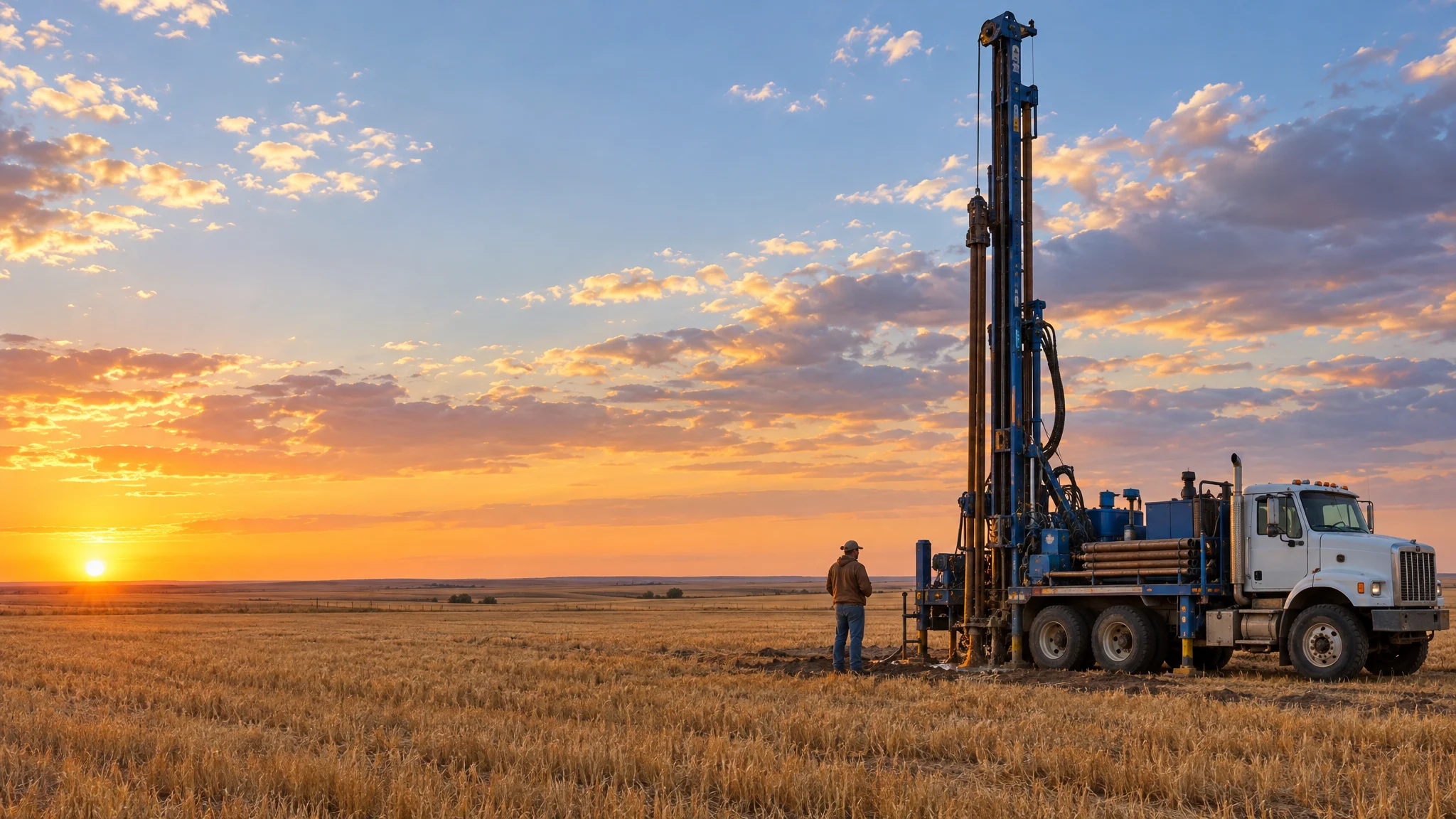 Water well drilling rig on the Colorado prairie at sunset with a driller standing beside it
