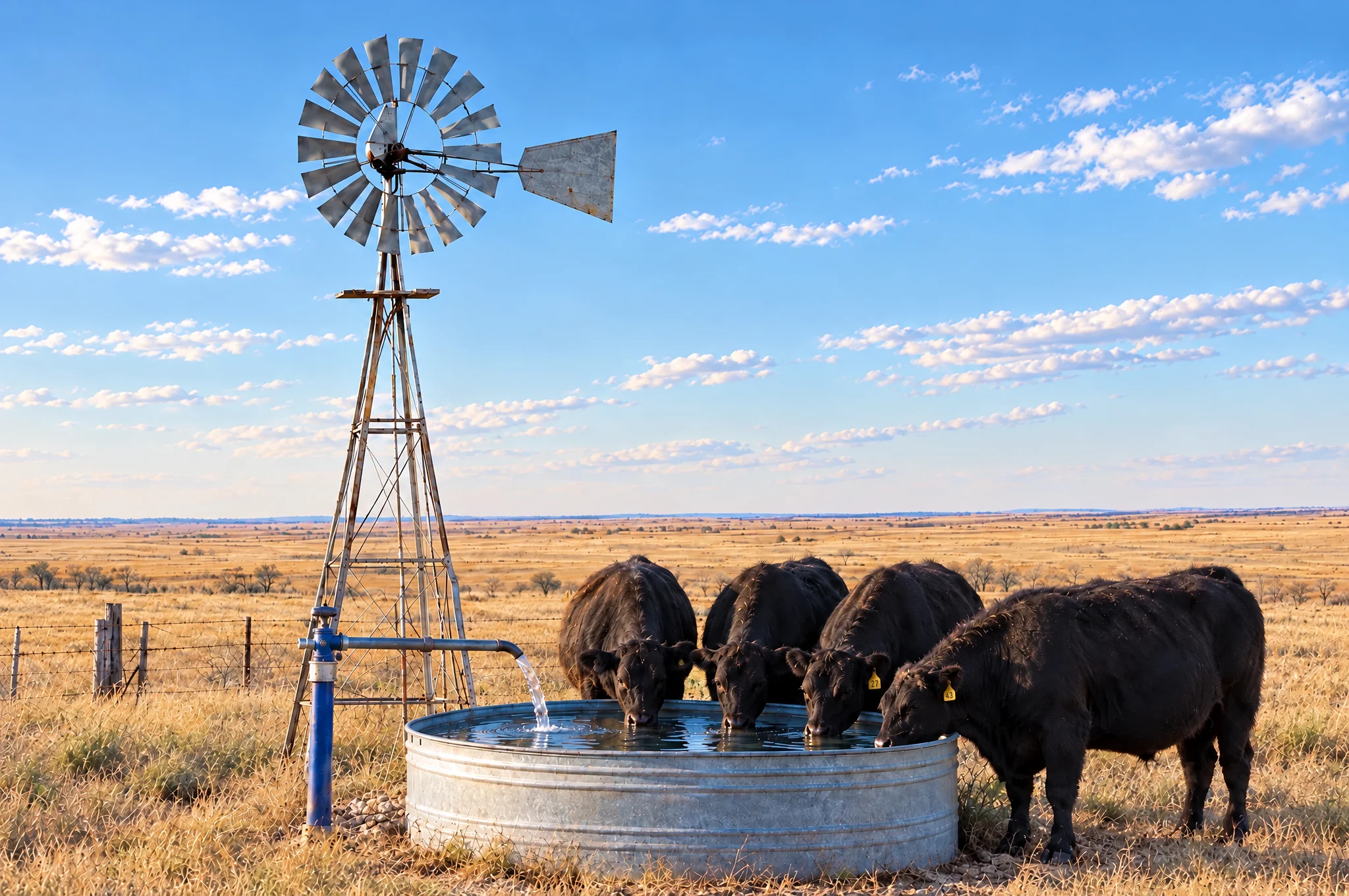 Black Angus cows drinking from a galvanized stock tank filled from a well hydrant beside a windmill on the prairie