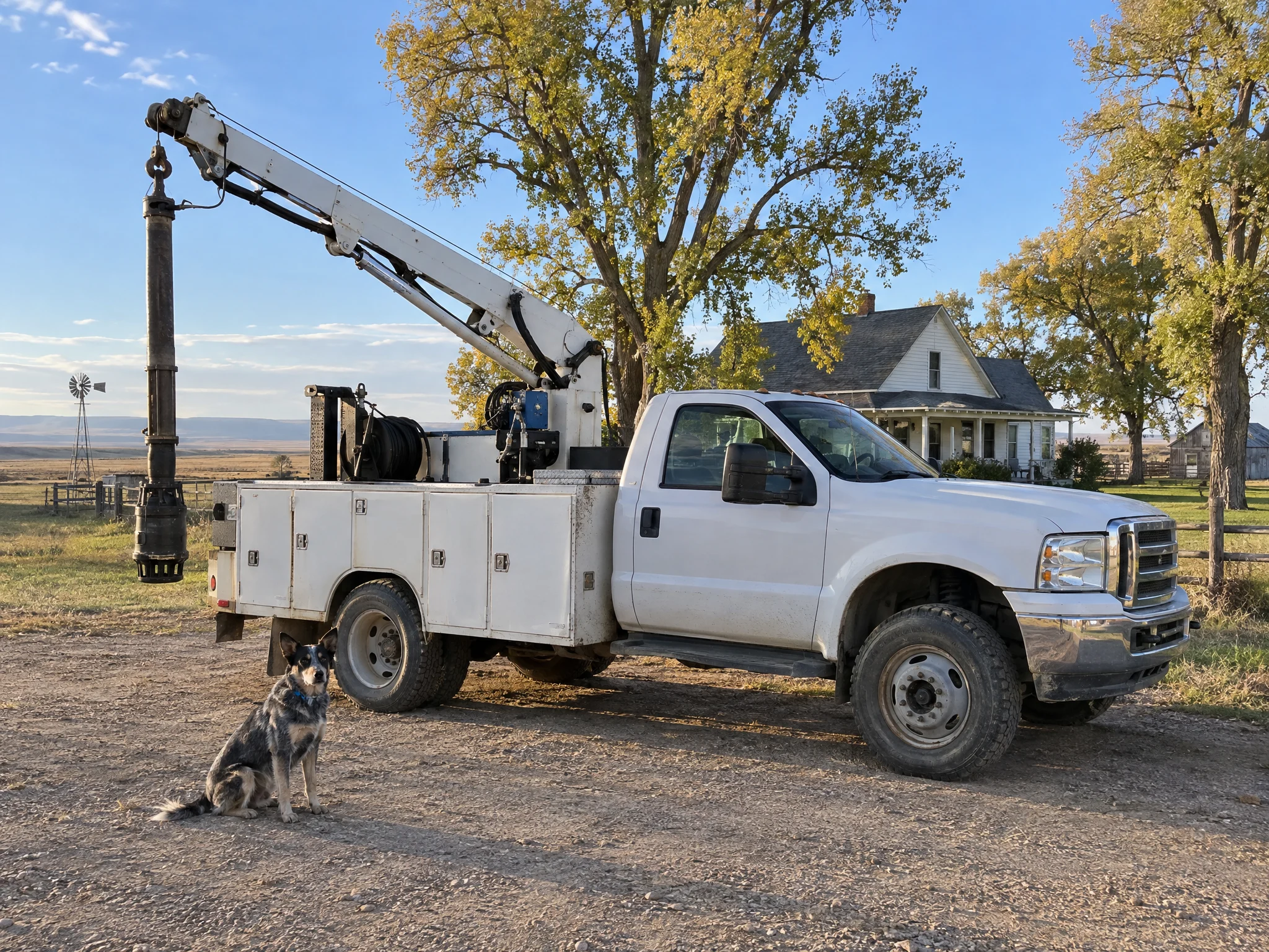 Pump service truck with a hoist parked in a farmhouse yard, a ranch dog sitting beside it