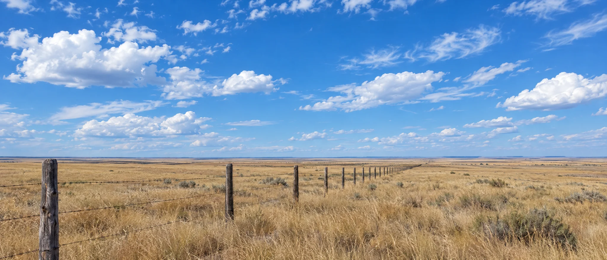 Open prairie with a fence line under a wide blue sky