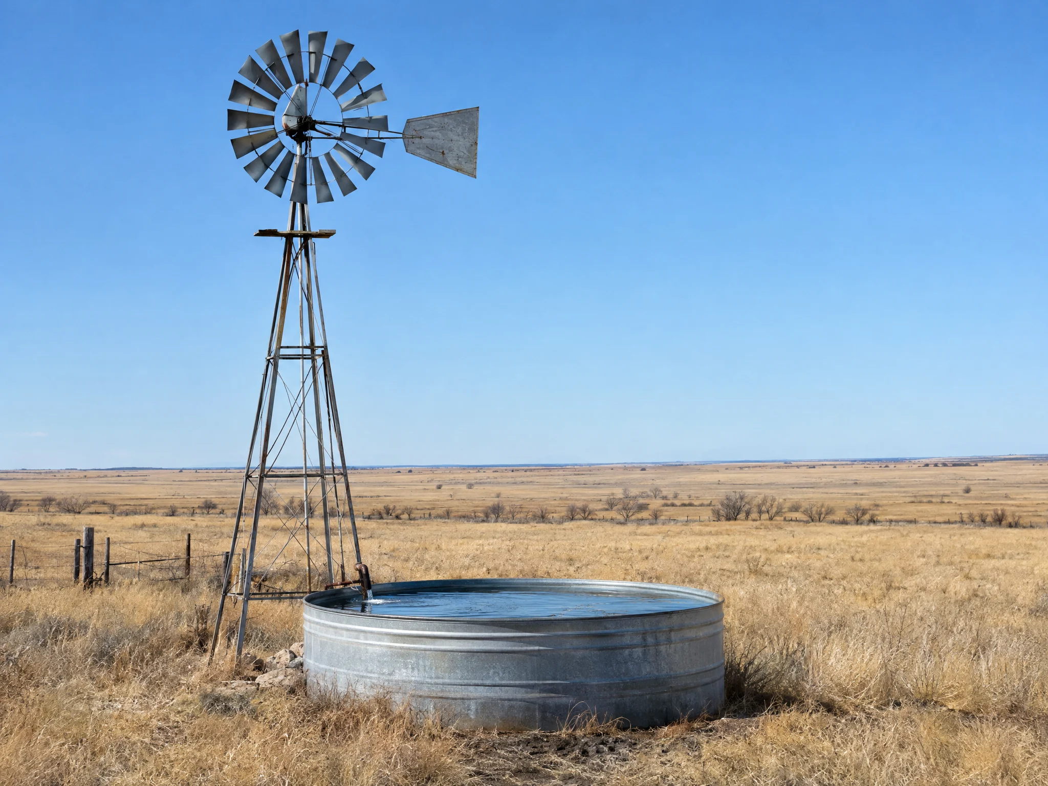 Windmill and stock tank on open rangeland
