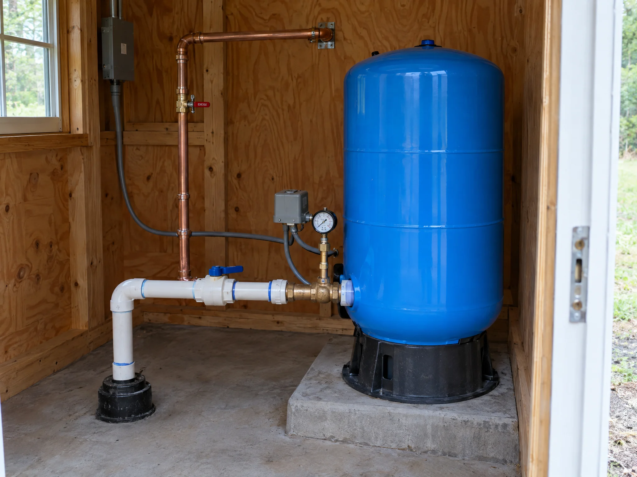 Blue well pressure tank installed in a wooden well house