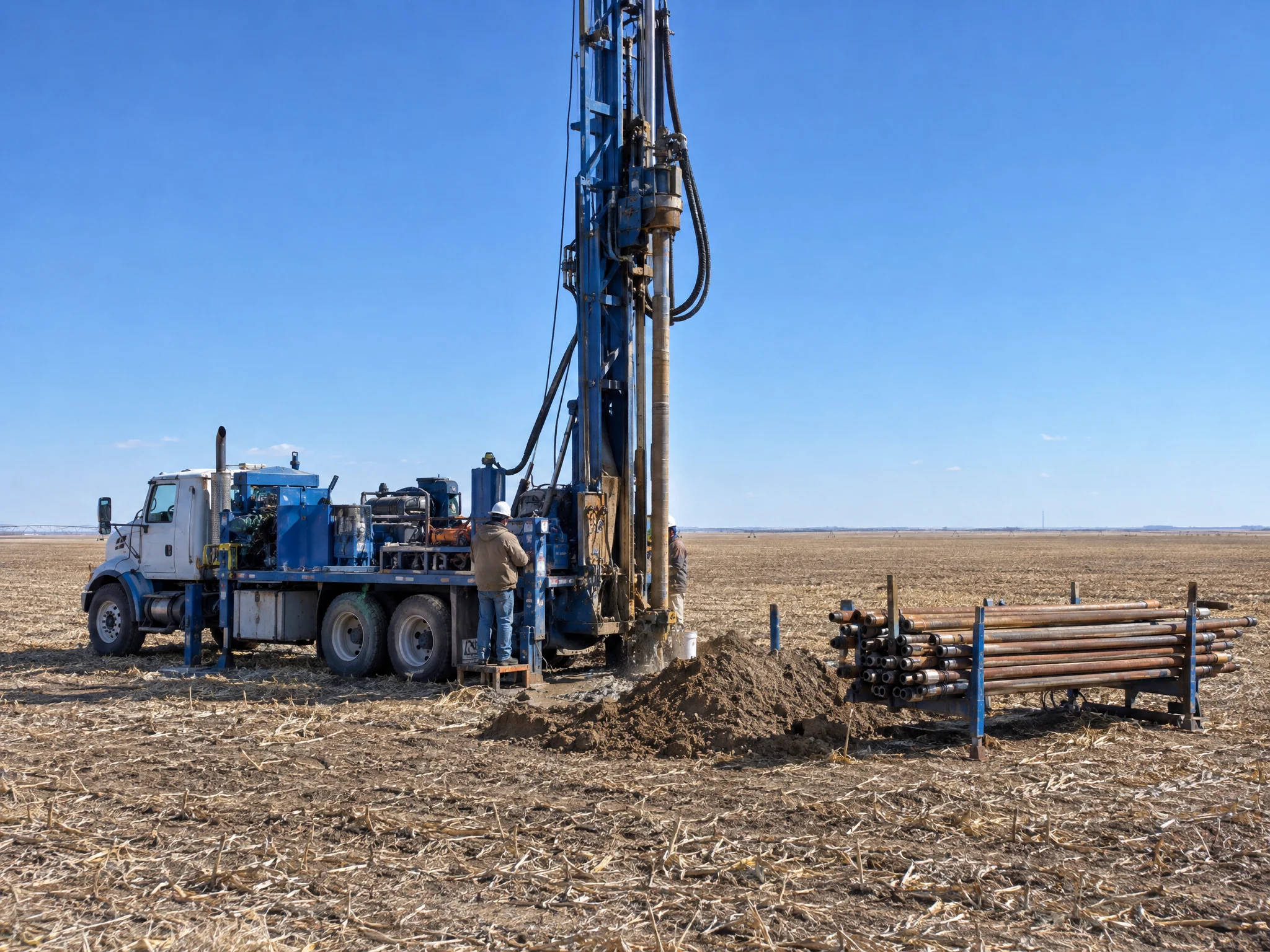 Truck-mounted drilling rig working on a farm field