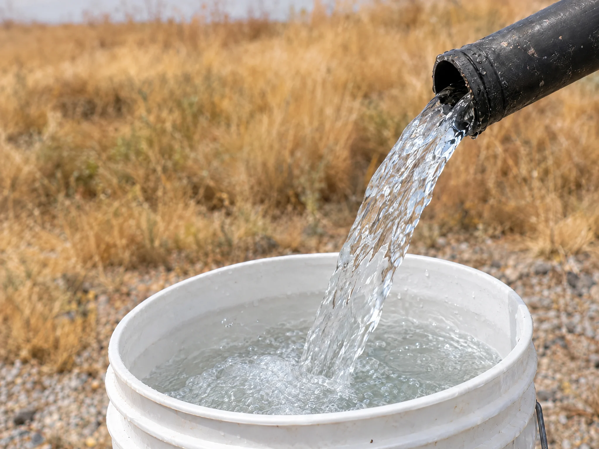 Well water pouring from a discharge hose into a bucket during a flow test