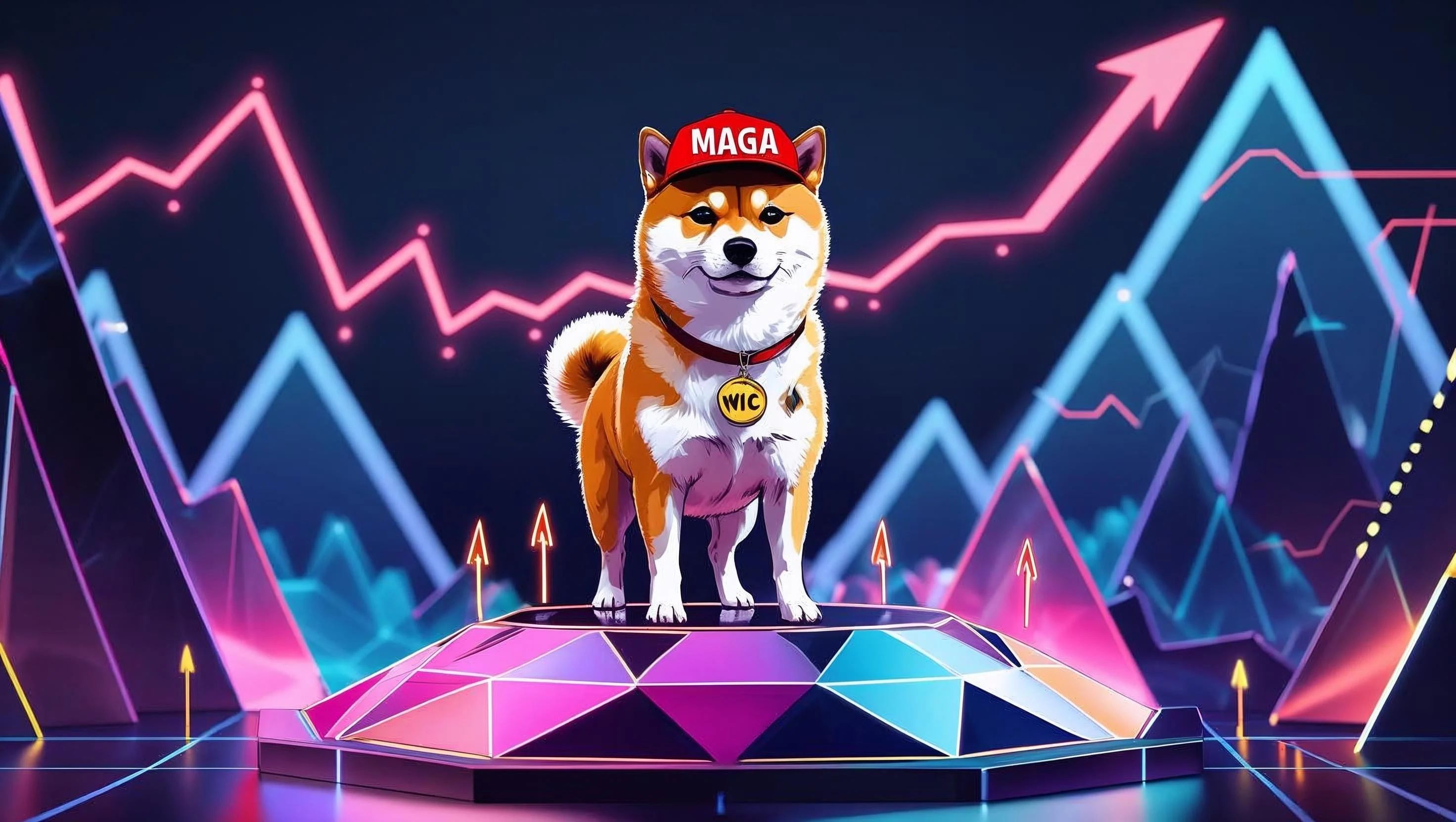 Dog with Cap, a Shiba Inu in a red cap, standing on a glowing platform in front of rising neon price charts