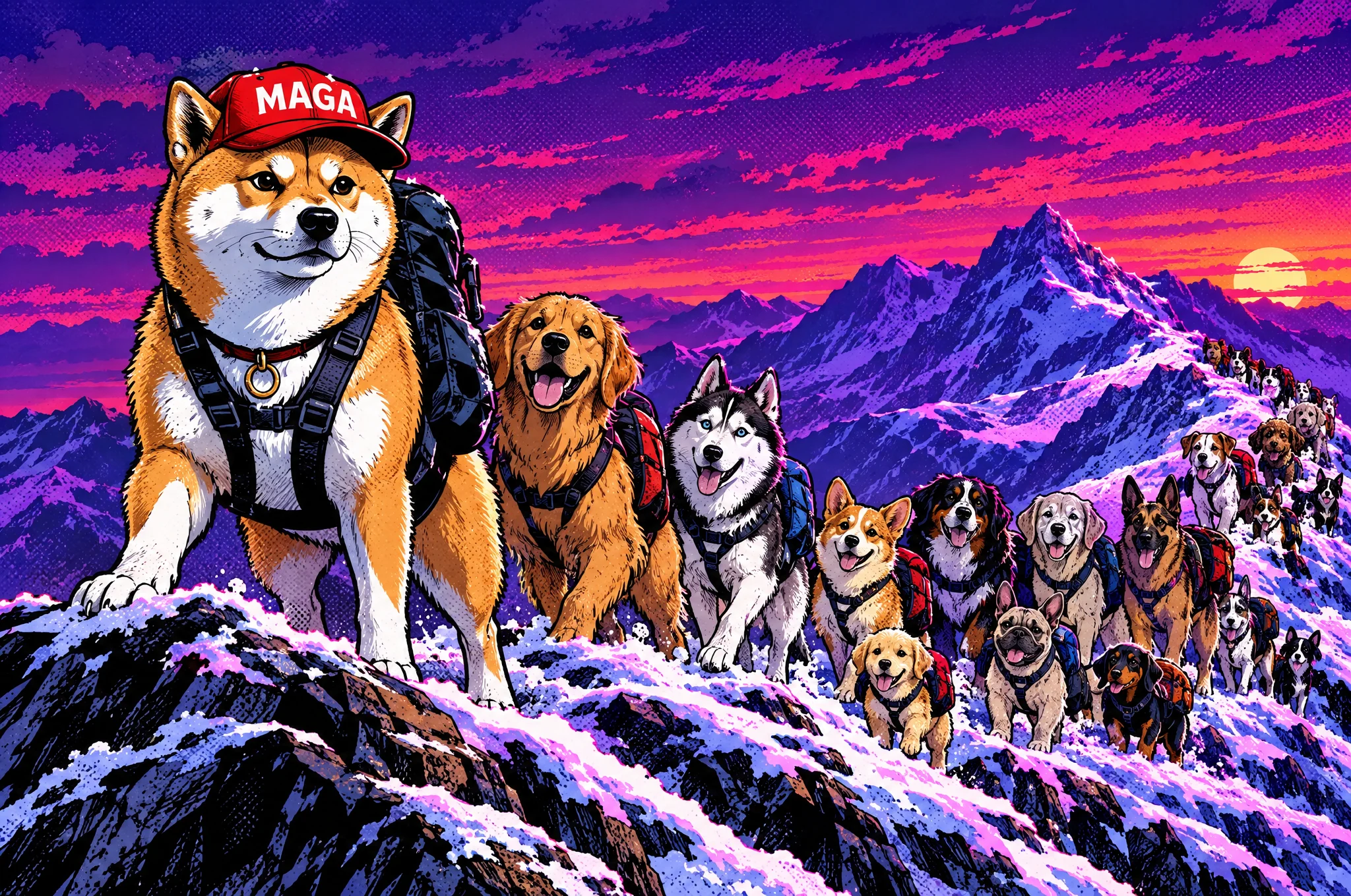 Dog with Cap leading a pack of dogs of every age and breed up a snowy mountain ridge