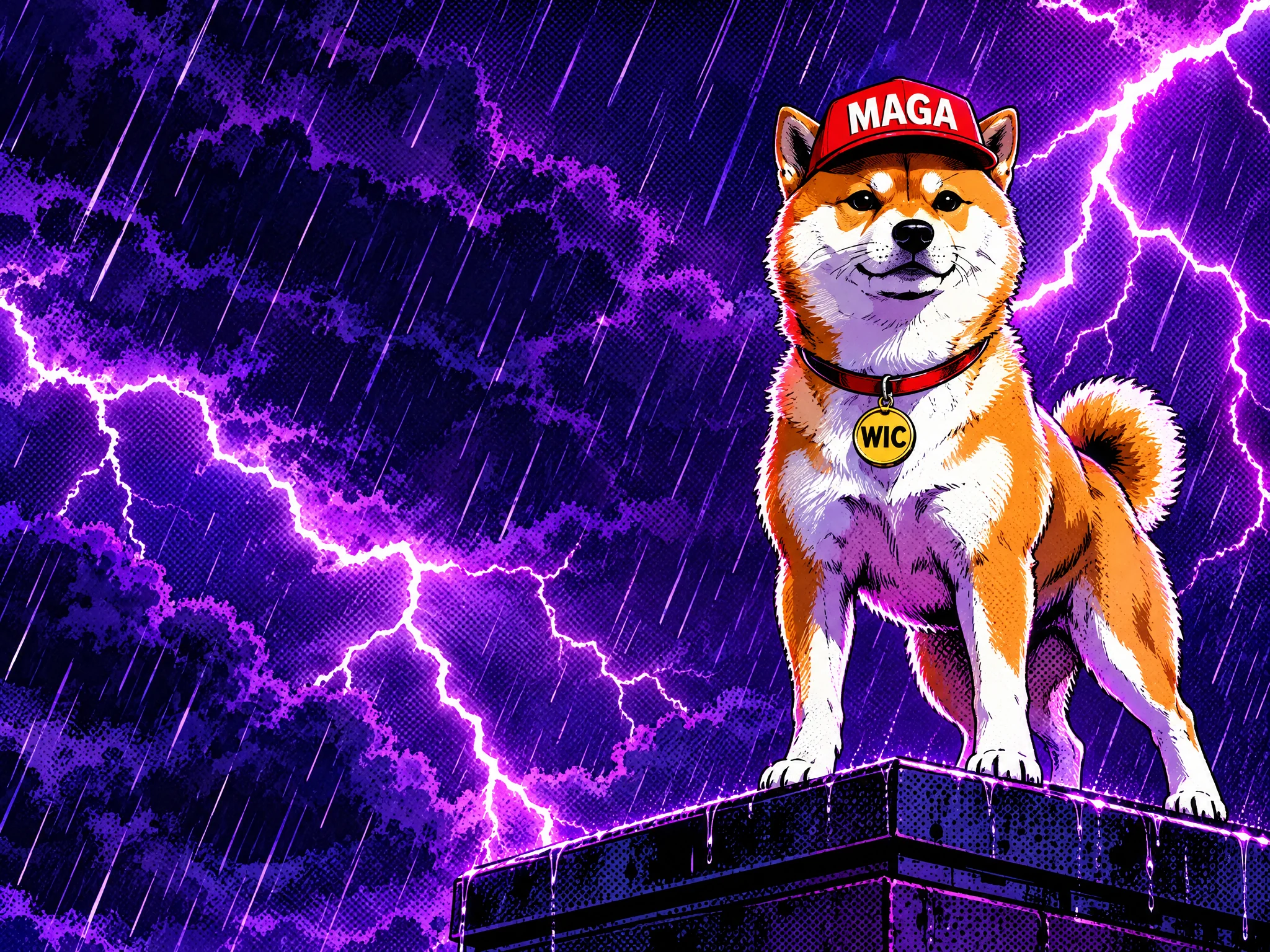 Dog with Cap standing firm on a rooftop in a violet thunderstorm