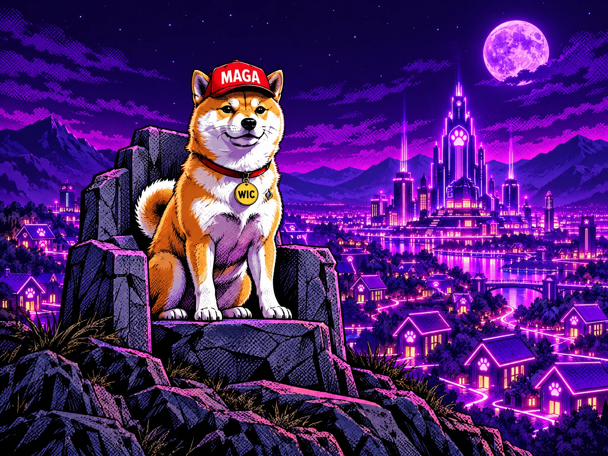 Dog with Cap seated on a stone throne above a neon purple city of dog houses