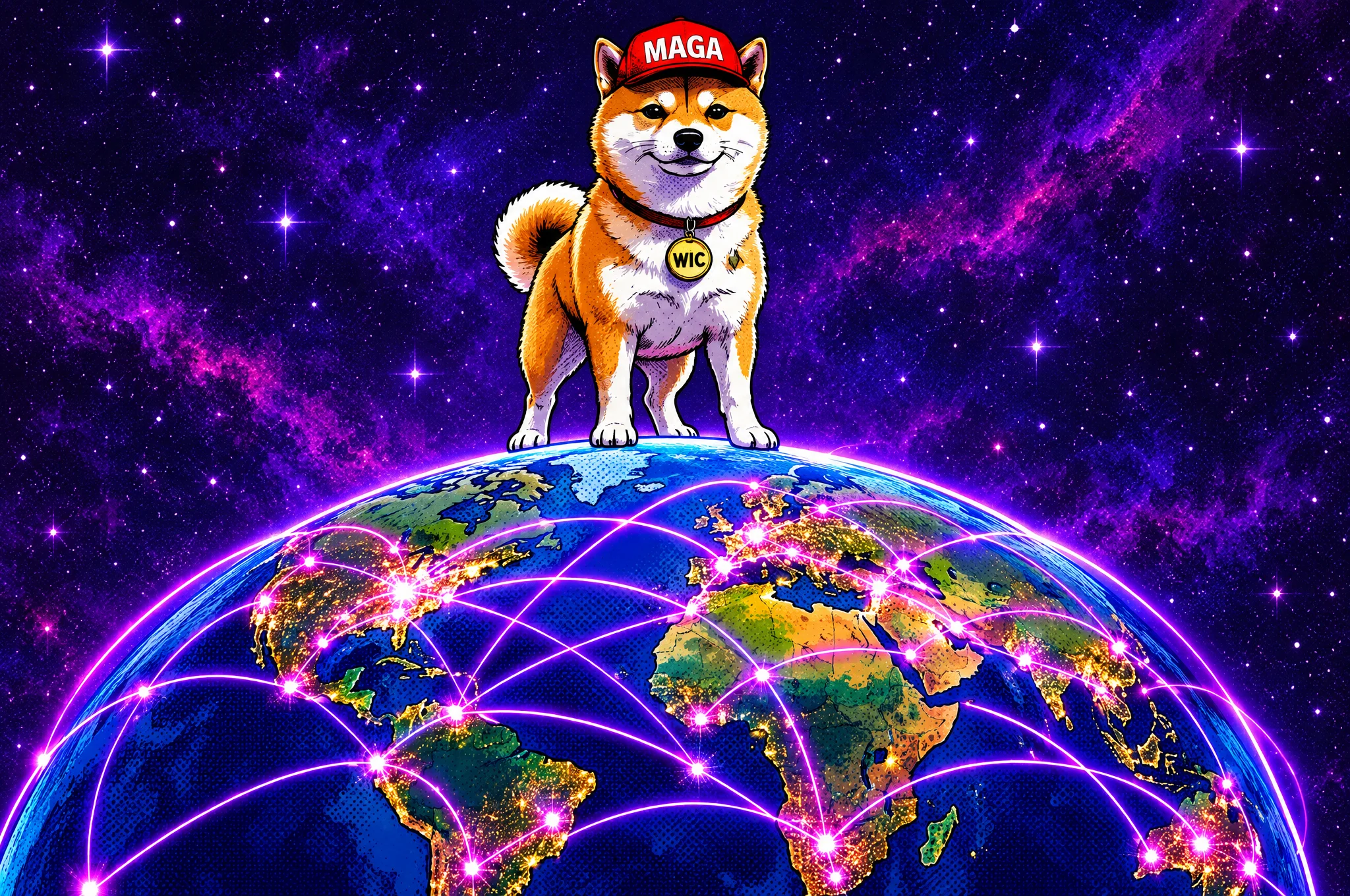 Dog with Cap standing on top of the Earth with neon network lines linking cities worldwide