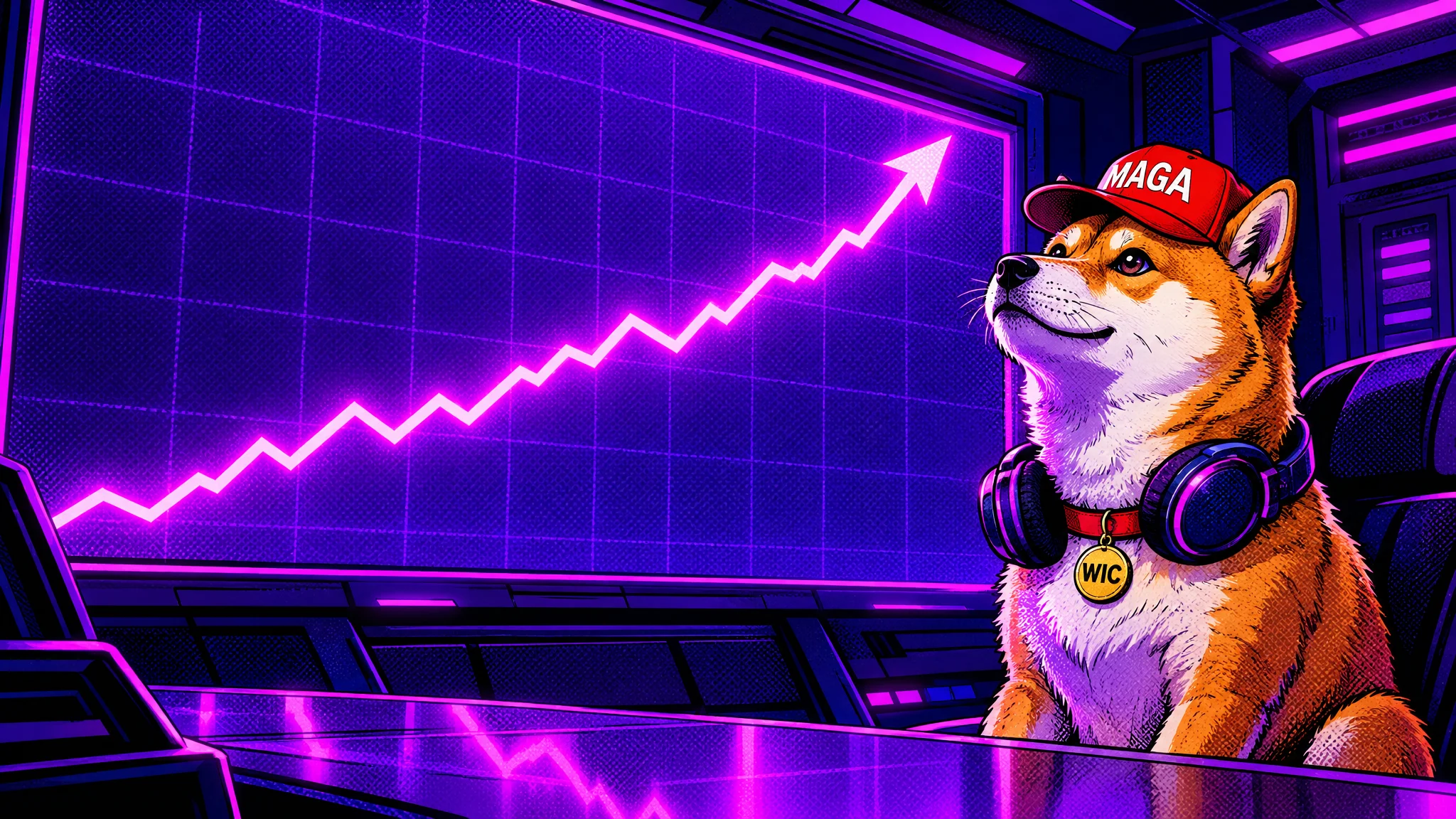 Dog with Cap in headphones watching a neon price chart climb on a big screen