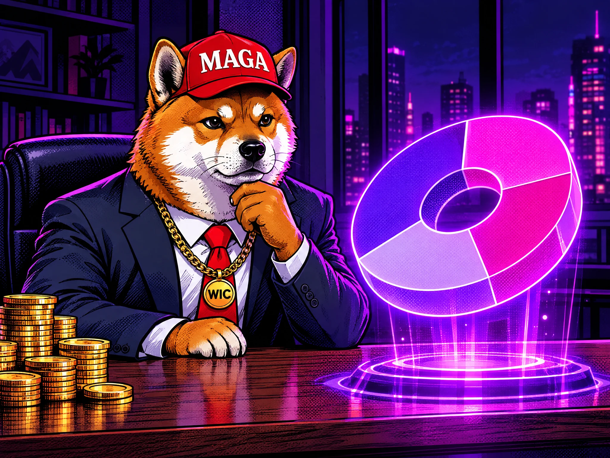 Dog with Cap in a suit at his desk, studying a glowing holographic donut chart beside stacks of gold coins