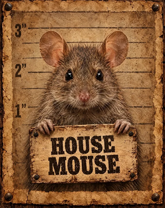 Western mugshot illustration of house mice holding its name sign, not an identification photo
