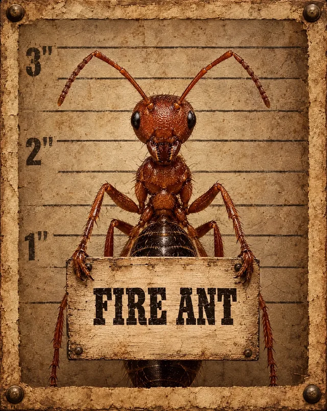 Western mugshot illustration of red imported fire ants holding its name sign, not an identification photo