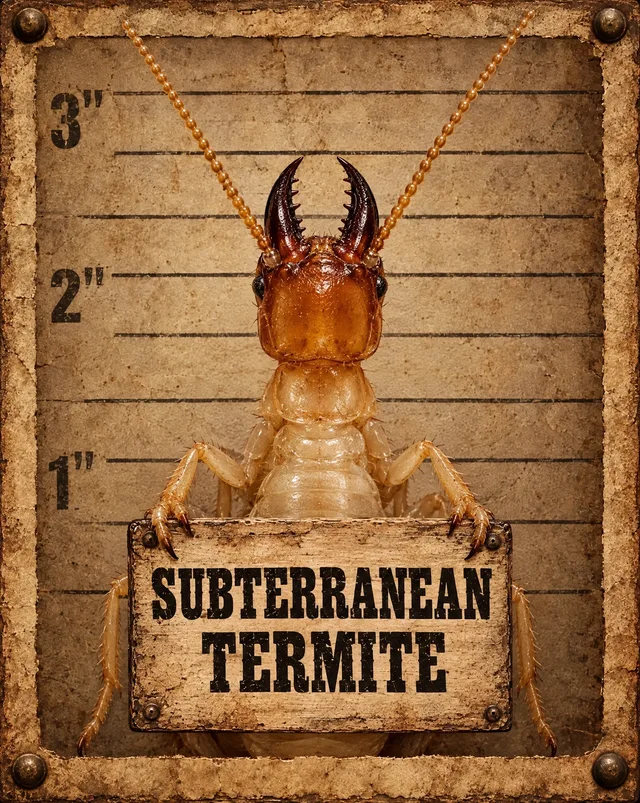 Western mugshot illustration of subterranean termites holding its name sign, not an identification photo