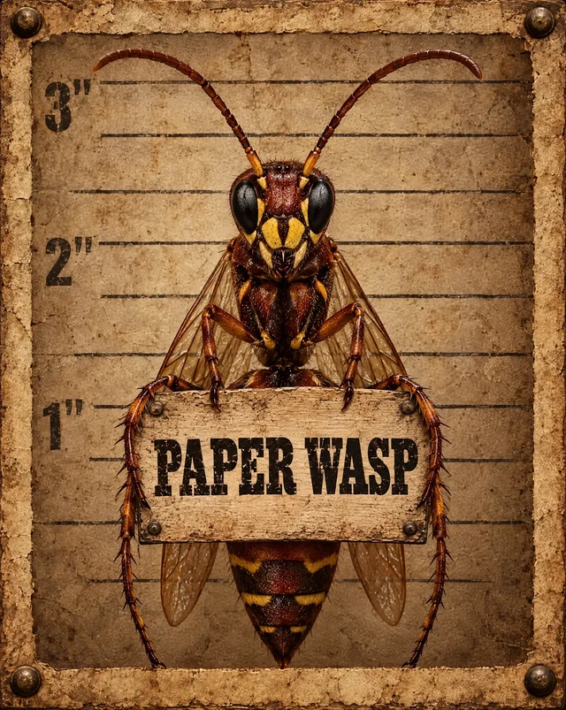 Western mugshot illustration of paper wasps and red wasps holding its name sign, not an identification photo