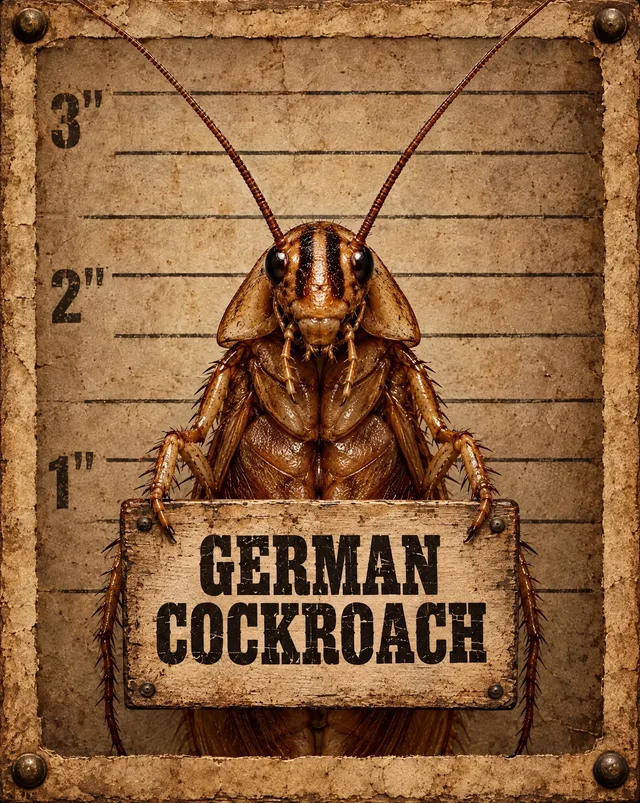 Western mugshot illustration of german cockroaches holding its name sign, not an identification photo