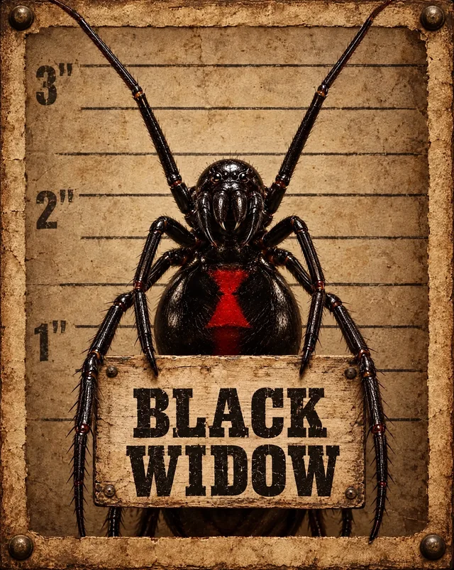 Western mugshot illustration of black widow spiders holding its name sign, not an identification photo