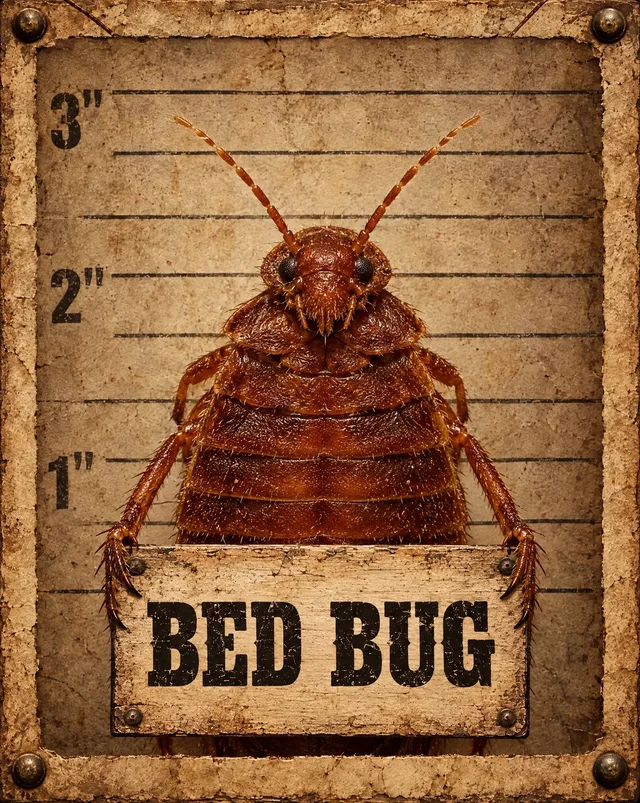 Western mugshot illustration of bed bugs holding its name sign, not an identification photo
