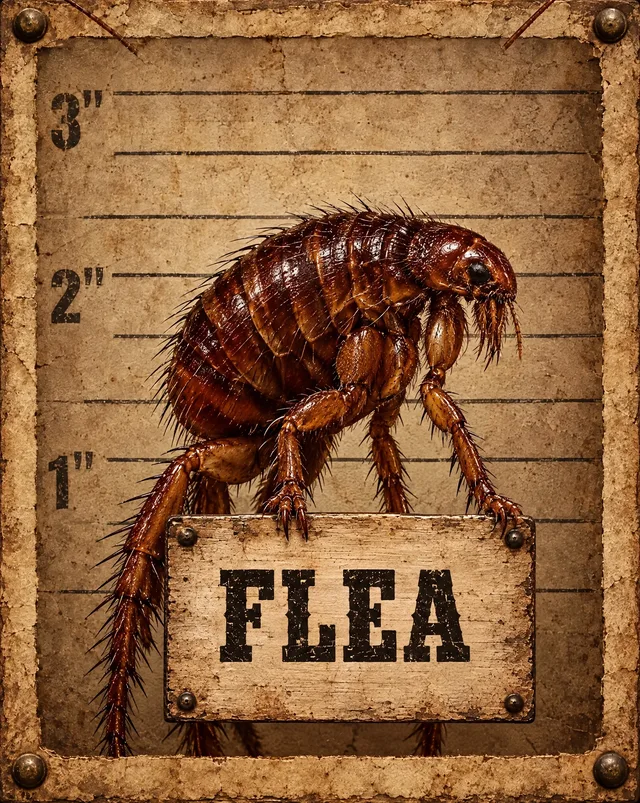 Western mugshot illustration of fleas holding its name sign, not an identification photo