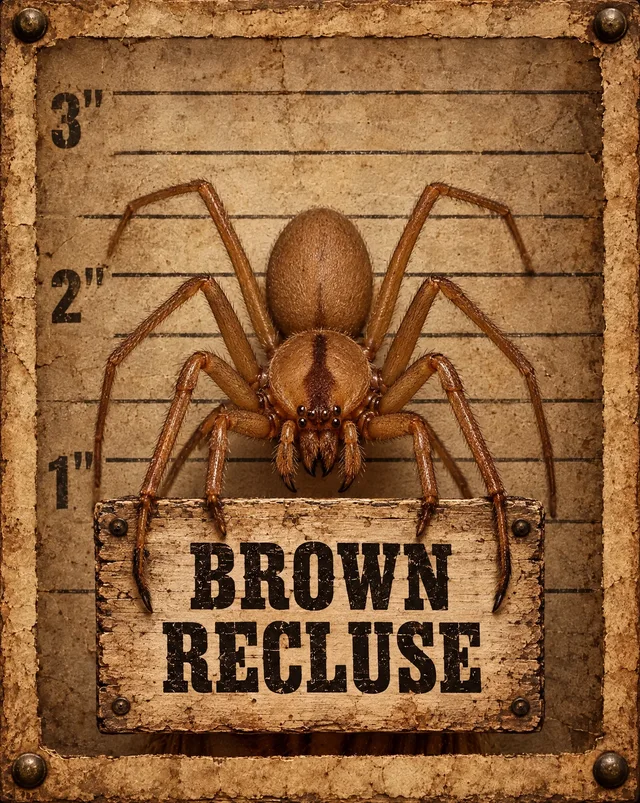 Western mugshot illustration of brown recluse spiders holding its name sign, not an identification photo