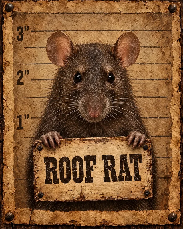 Western mugshot illustration of roof rats holding its name sign, not an identification photo