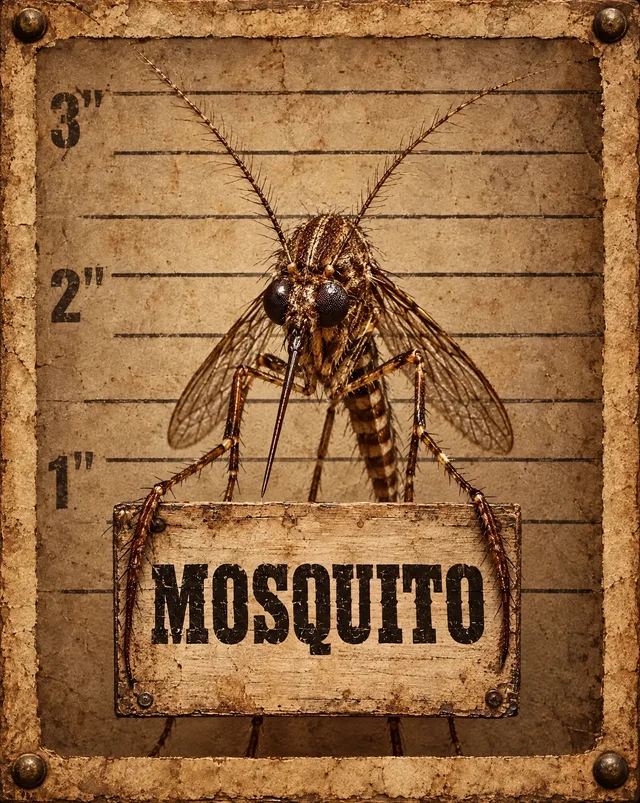 Western mugshot illustration of mosquitoes holding its name sign, not an identification photo
