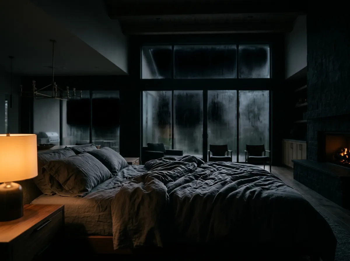A dark luxury bedroom at night with rumpled charcoal bedding, a single warm bedside lamp, and a fogged window behind