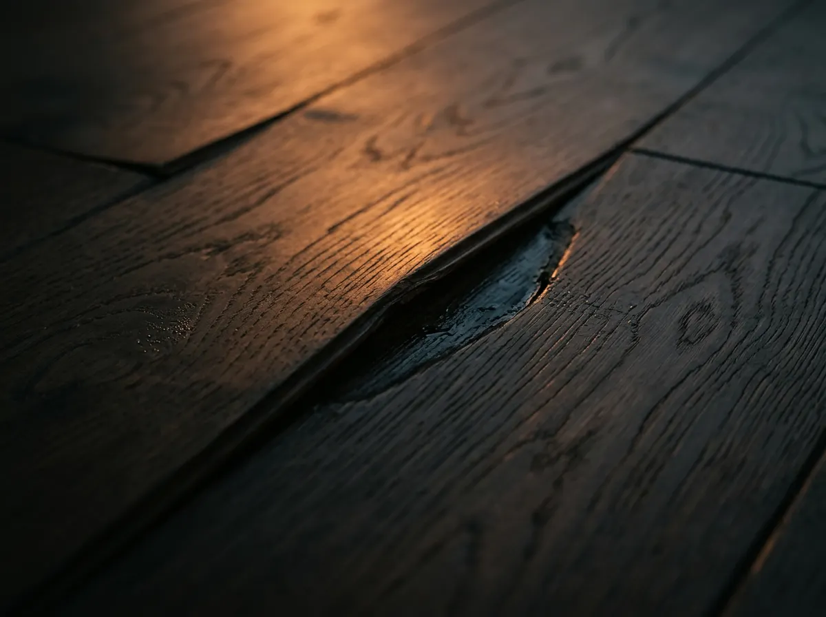A close-up of premium hardwood flooring beginning to warp and swell at the seams from moisture, lit by raking warm light