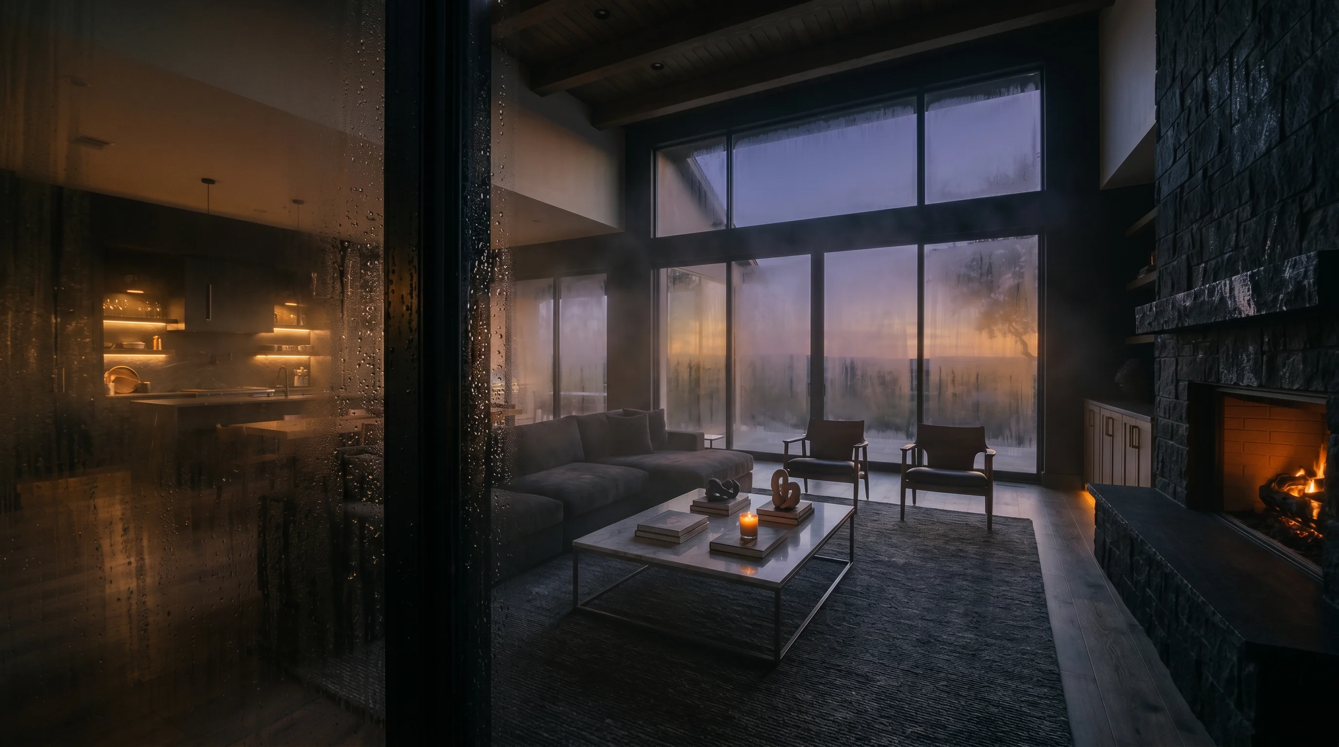 A luxury Dallas living room at dusk seen through floor-to-ceiling windows heavily fogged with condensation, warm amber light glowing inside the humid, hazy interior
