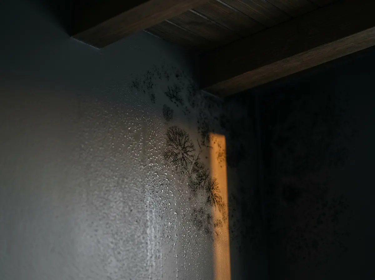 A damp interior wall corner where faint black mold is beginning to bloom on the drywall behind a sheen of moisture