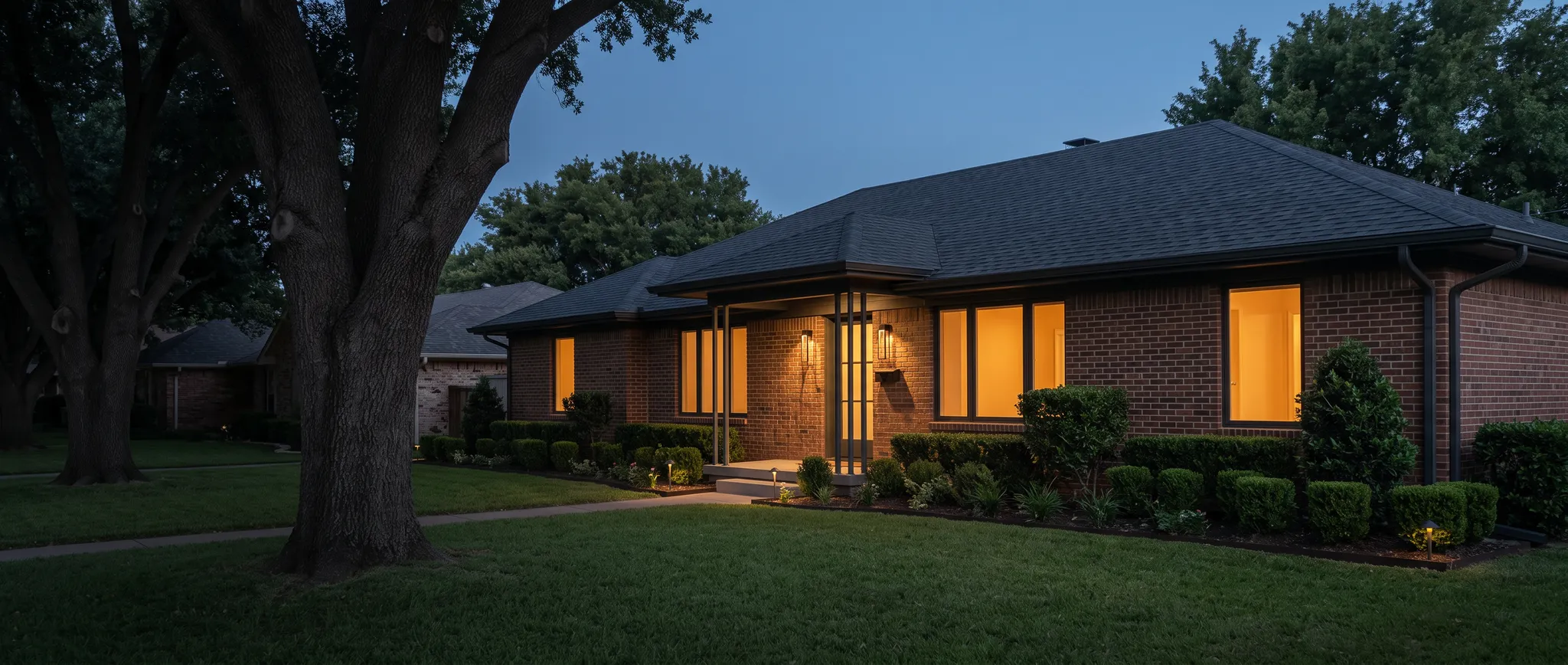 AI-generated architectural illustration of a single-story brick residence beneath mature trees, not a real Garland property.