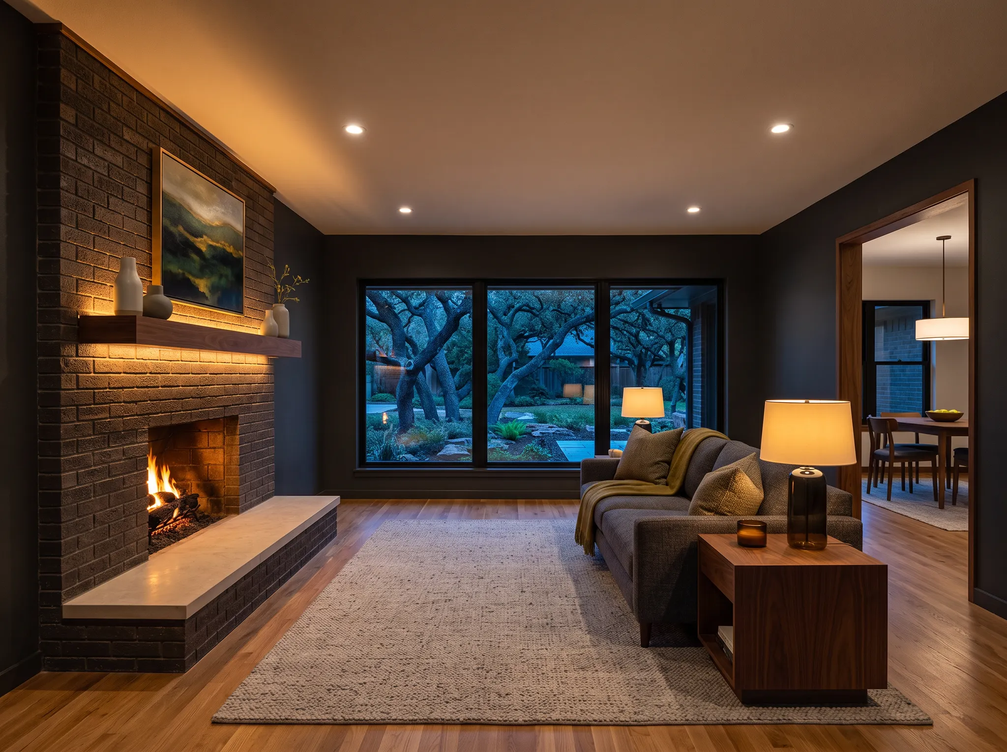 AI-generated living room with a brick fireplace and an adjacent dining room, not a customer project or HVAC result.