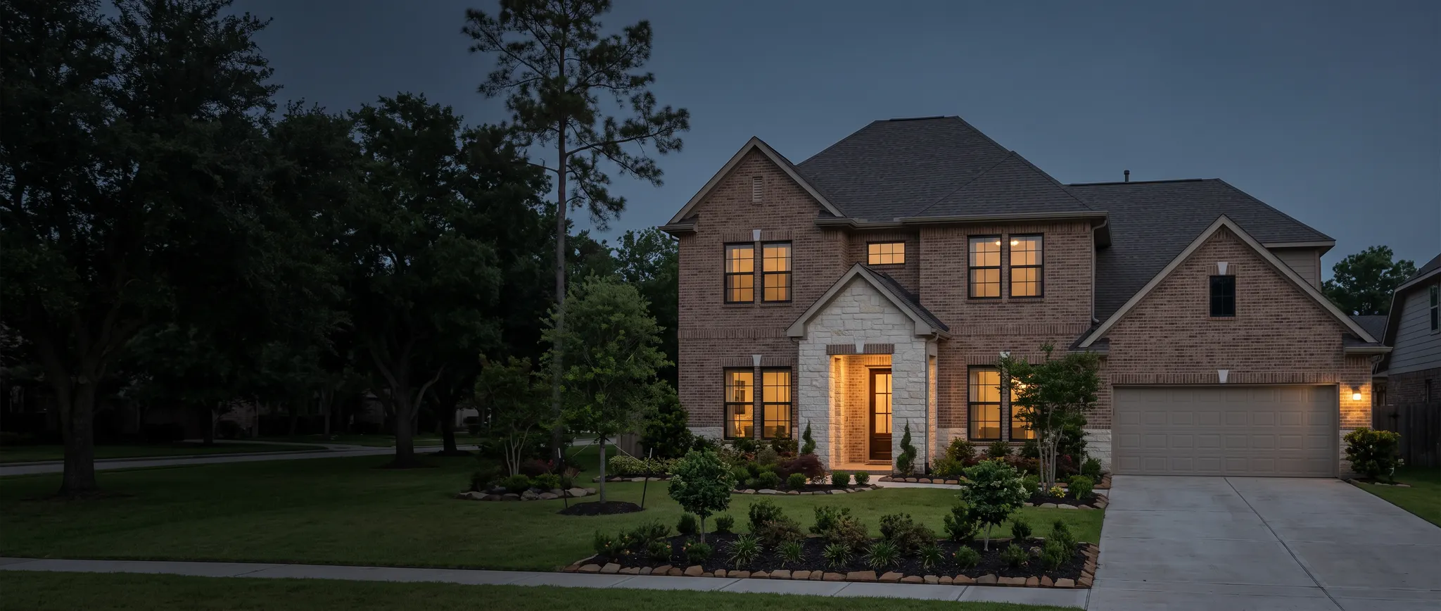 AI-generated architectural illustration of a two-story brick and stone residence at dusk, not a real Sachse property.