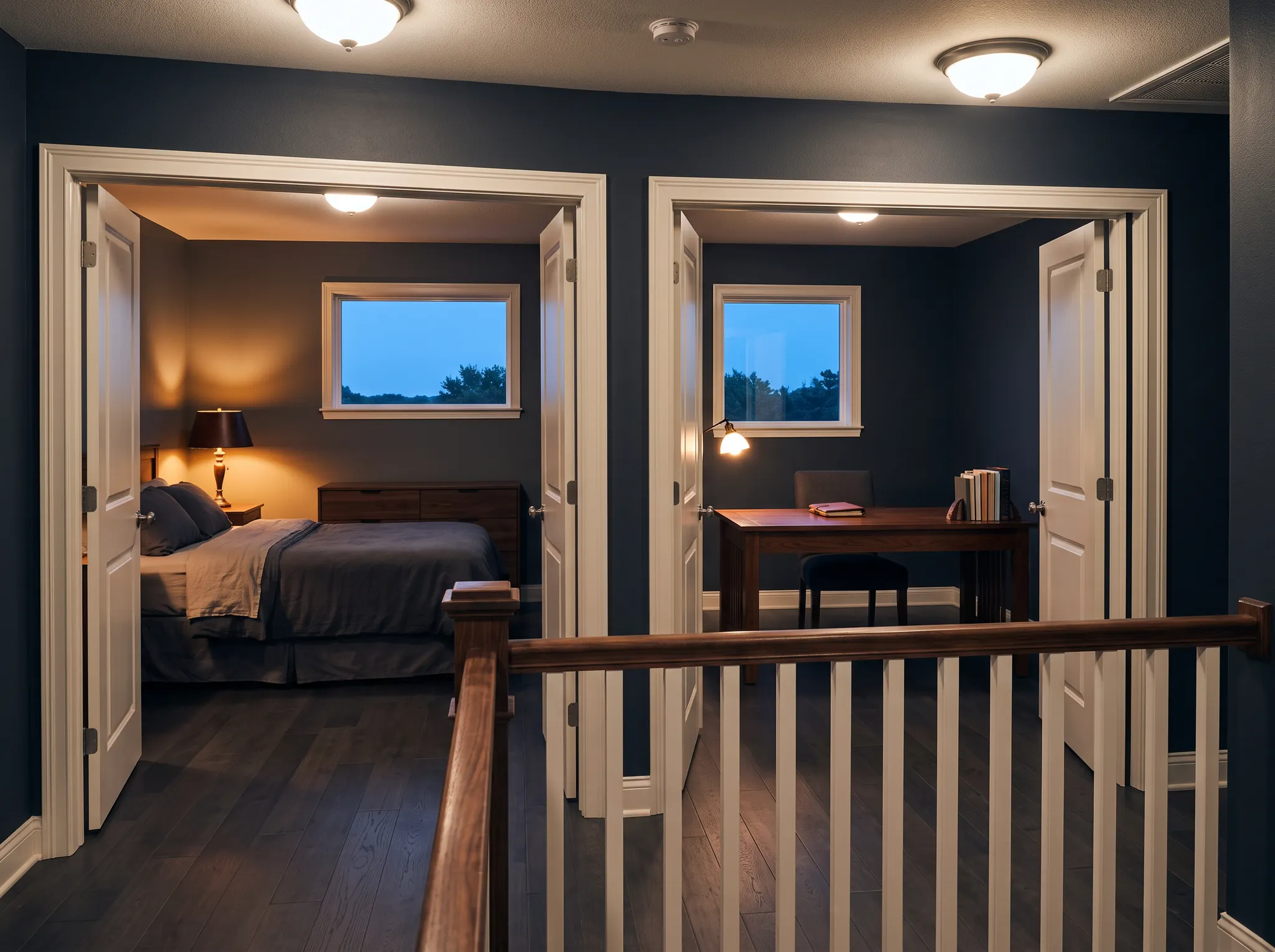 AI-generated upstairs landing with a bedroom and study, an invented residential interior rather than a customer home.