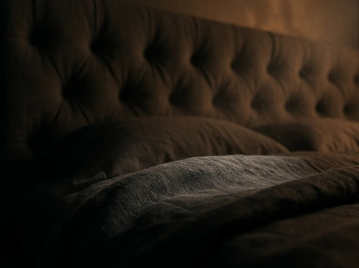 Soft luxury bed linens and a tufted upholstered headboard in low warm light, dust suspended in a faint humid haze