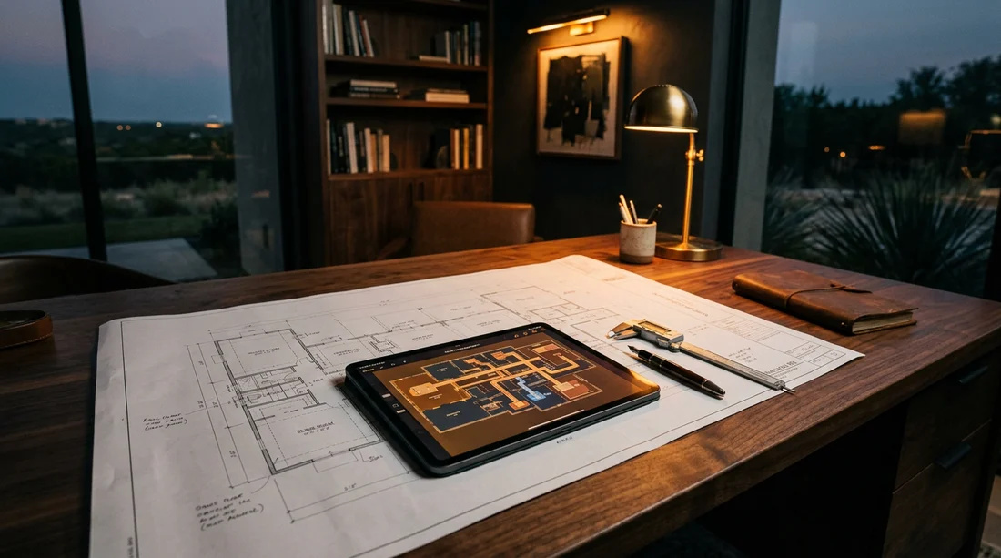 Illustrative desk scene with a floor plan and tablet
