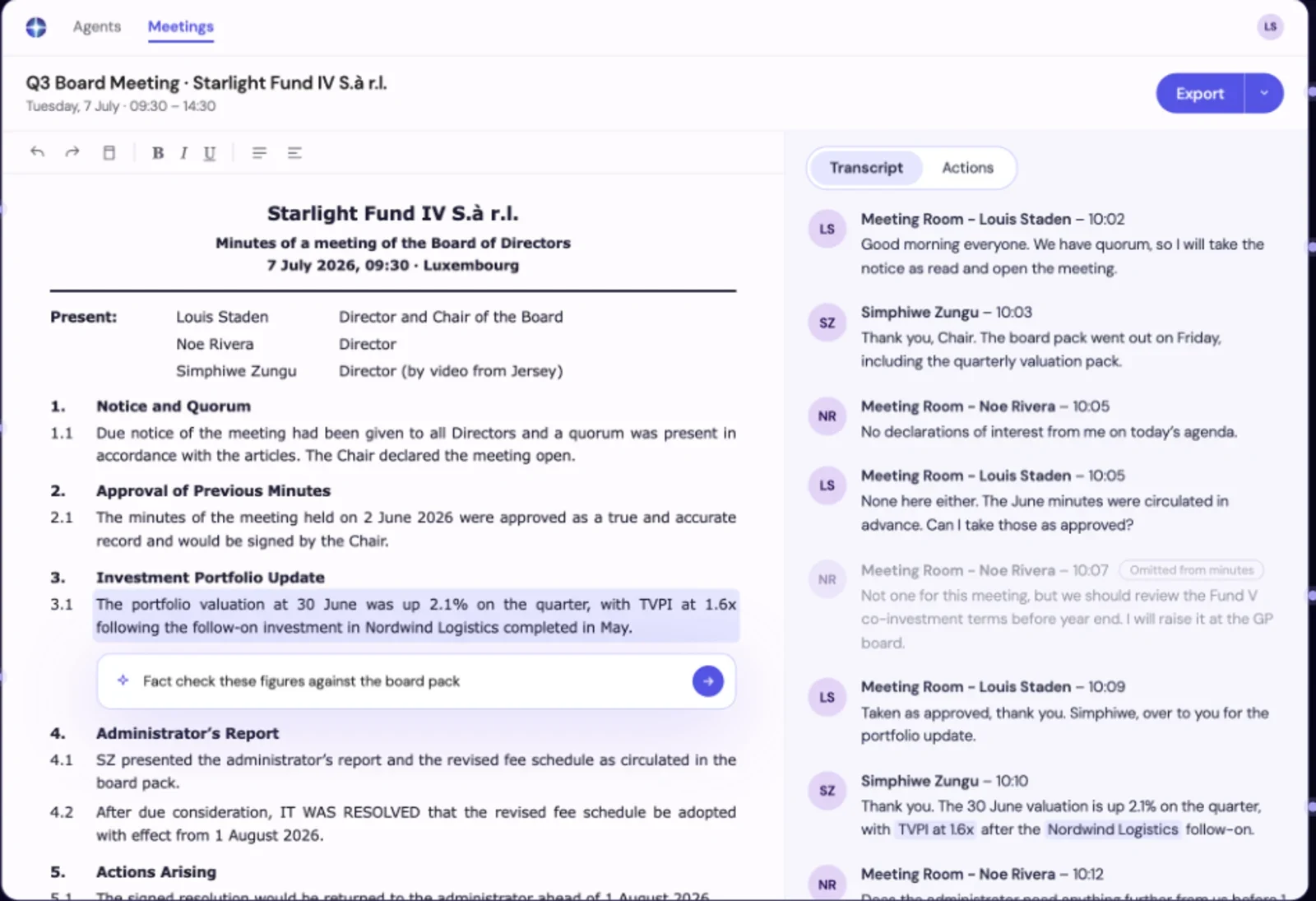 Starlight AI interface showing structured board minutes beside a live speaker-identified transcript