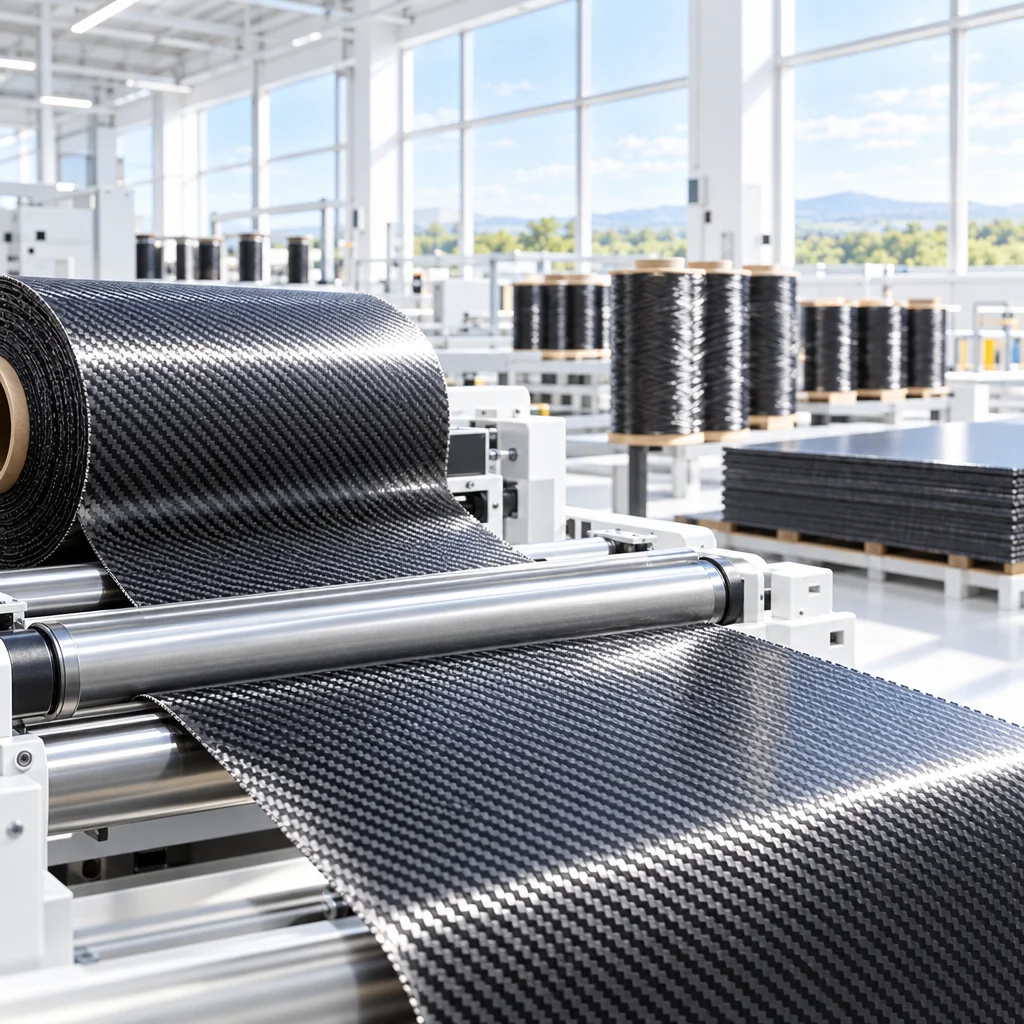 Woven carbon fiber fabric running through rollers in a bright advanced materials plant