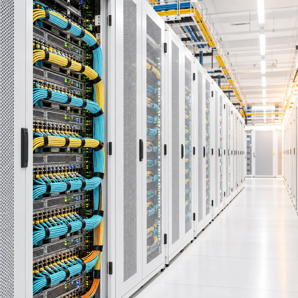 Rows of server racks with fiber cabling in an AI compute hall
