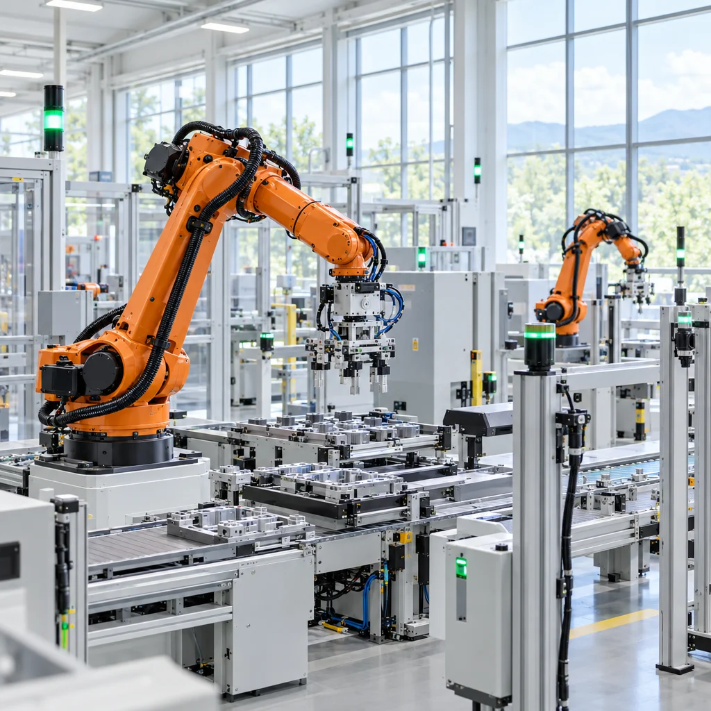 Robotic arms and connected machinery on a bright factory floor