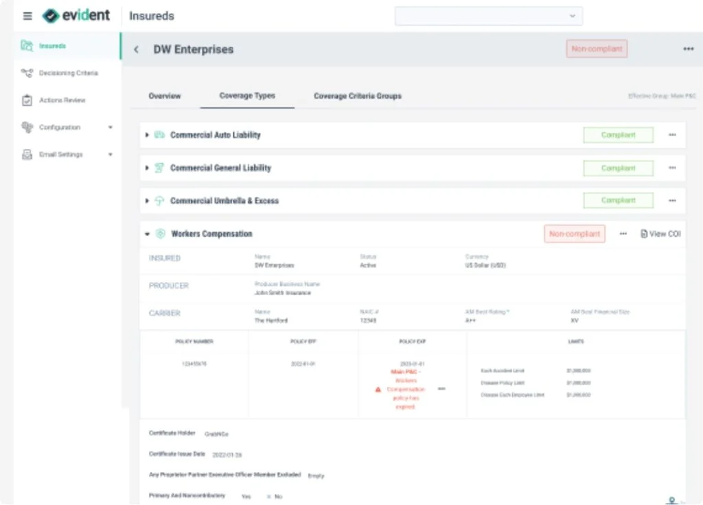 Evident insured profile showing coverage types and compliance status