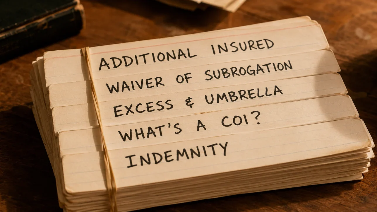 Stack of handwritten index cards labeled Additional Insured, Waiver of Subrogation, Excess & Umbrella, What's a COI? and Indemnity